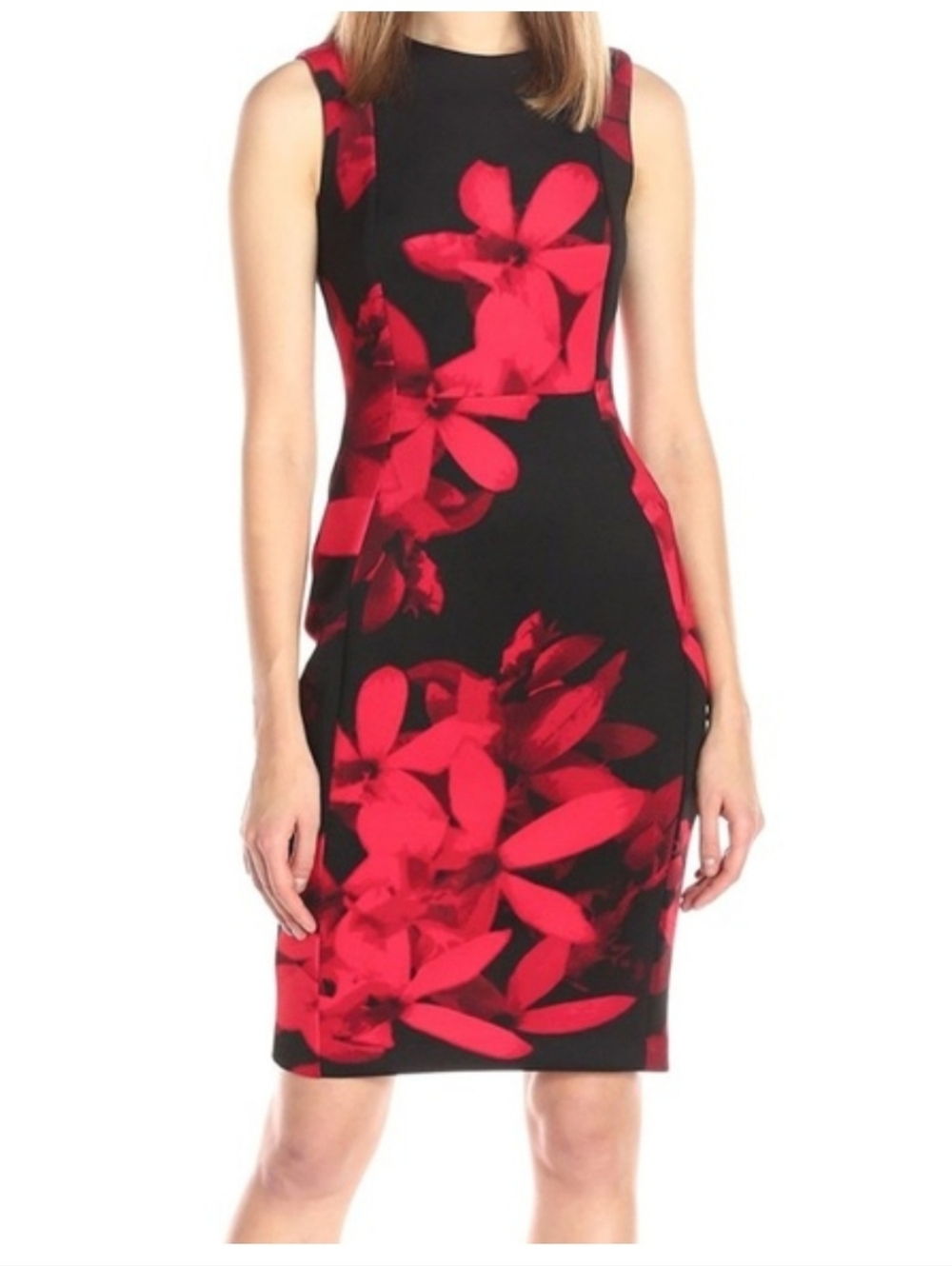 Calvin Klein Black Midi Dress with Red Floral Print